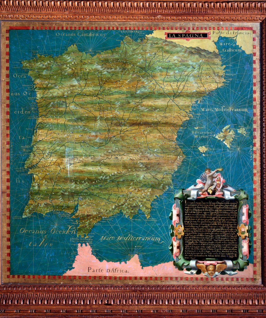 خريطة إسبانيا والبرتغال رسمها ستيفانو بونسنيوري (؟ -1589) عالم الكونيات والرسام الإيطالي. حوالي 1581. فلورنسا ، بالازو فيكيو ، سالا ديل ماباموندو بواسطة ستيفانو بونسينيوري