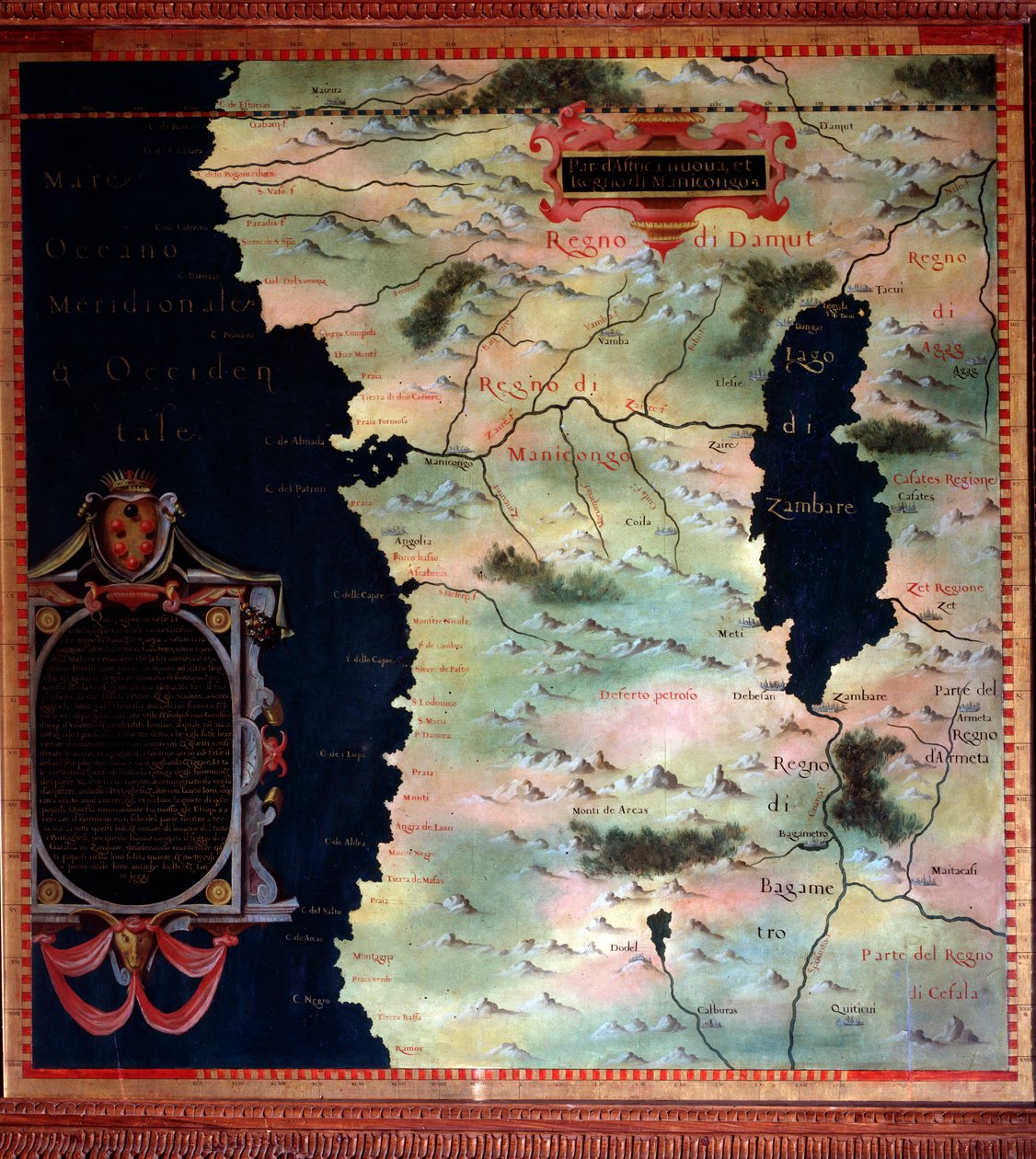غرب إفريقيا (الكونغو وأنغولا) خريطة رسمها ستيفانو بونسنيوري (؟ -1589) عالم الكونيات والرسام الإيطالي. حوالي 1581. فلورنسا ، بالازو فيكيو ، سالا ديل ماباموندو بواسطة ستيفانو بونسينيوري