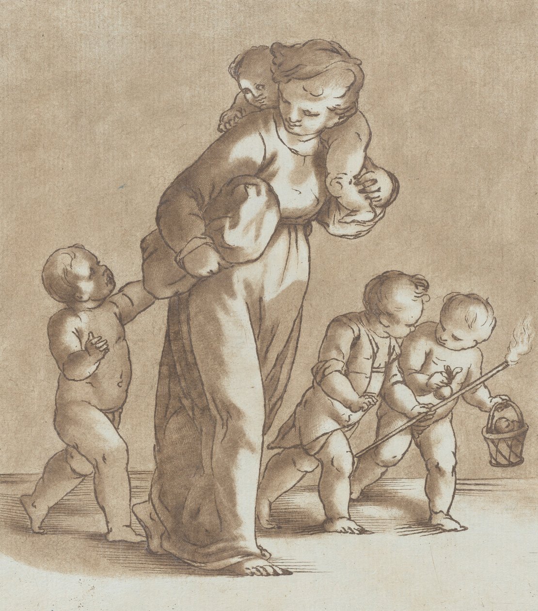 فتاة صغيرة تمشي نحو اليسار وعلى كتفها رضيع ممسكة بآخر ... ، كاليفورنيا. 1780. بواسطة ستيفانو موليناري