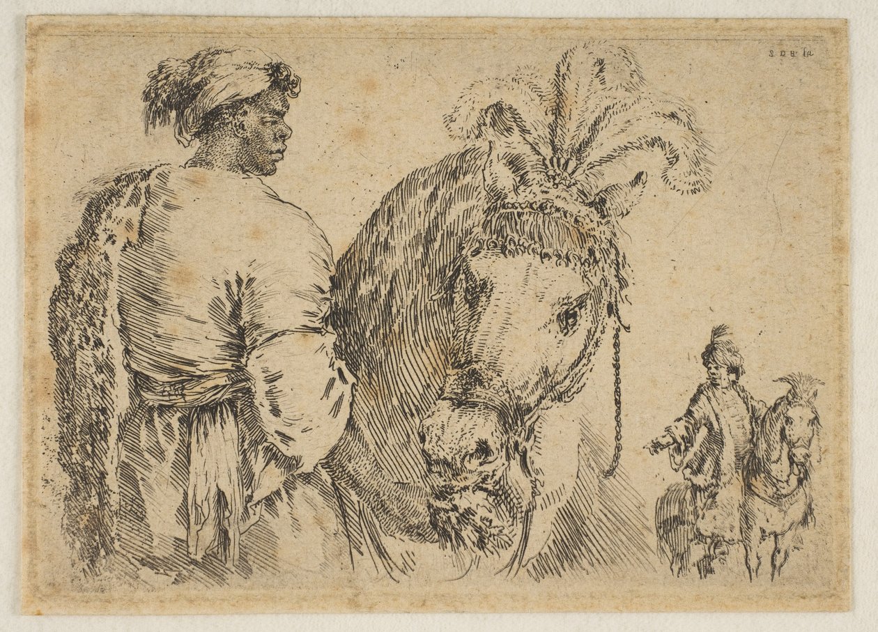 رجل أسود يطعم حصانًا ، كاليفورنيا. 1662. بواسطة ستيفانو ديلا بيلا