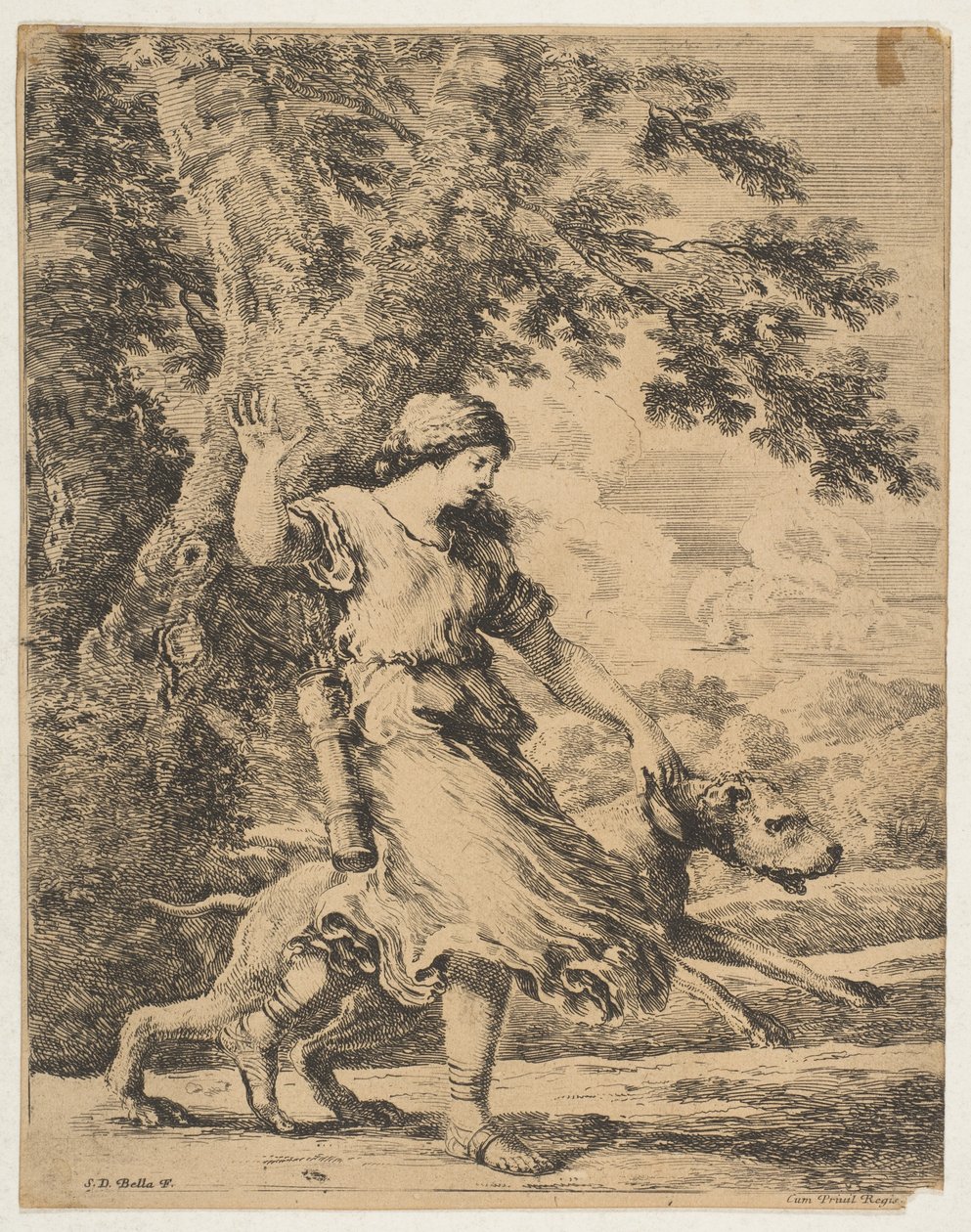 حورية تمسك بكلب كبير من طوقها ، كاليفورنيا. 1654. بواسطة ستيفانو ديلا بيلا