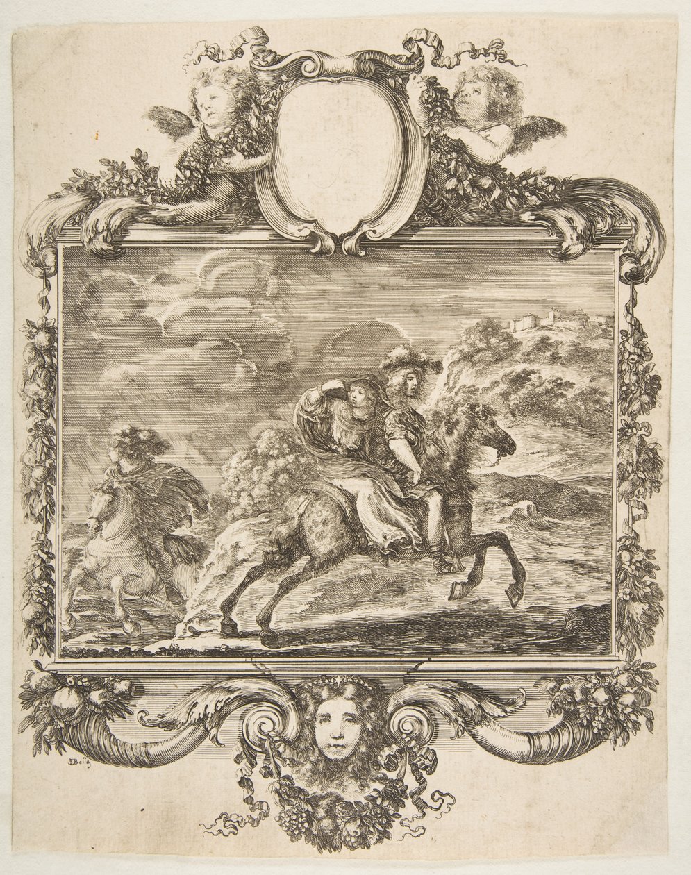فارس ، وسيدة على ظهور الخيل ، داخل حدود مزخرفة مزينة بالفاكهة والكا ... 1655. بواسطة ستيفانو ديلا بيلا