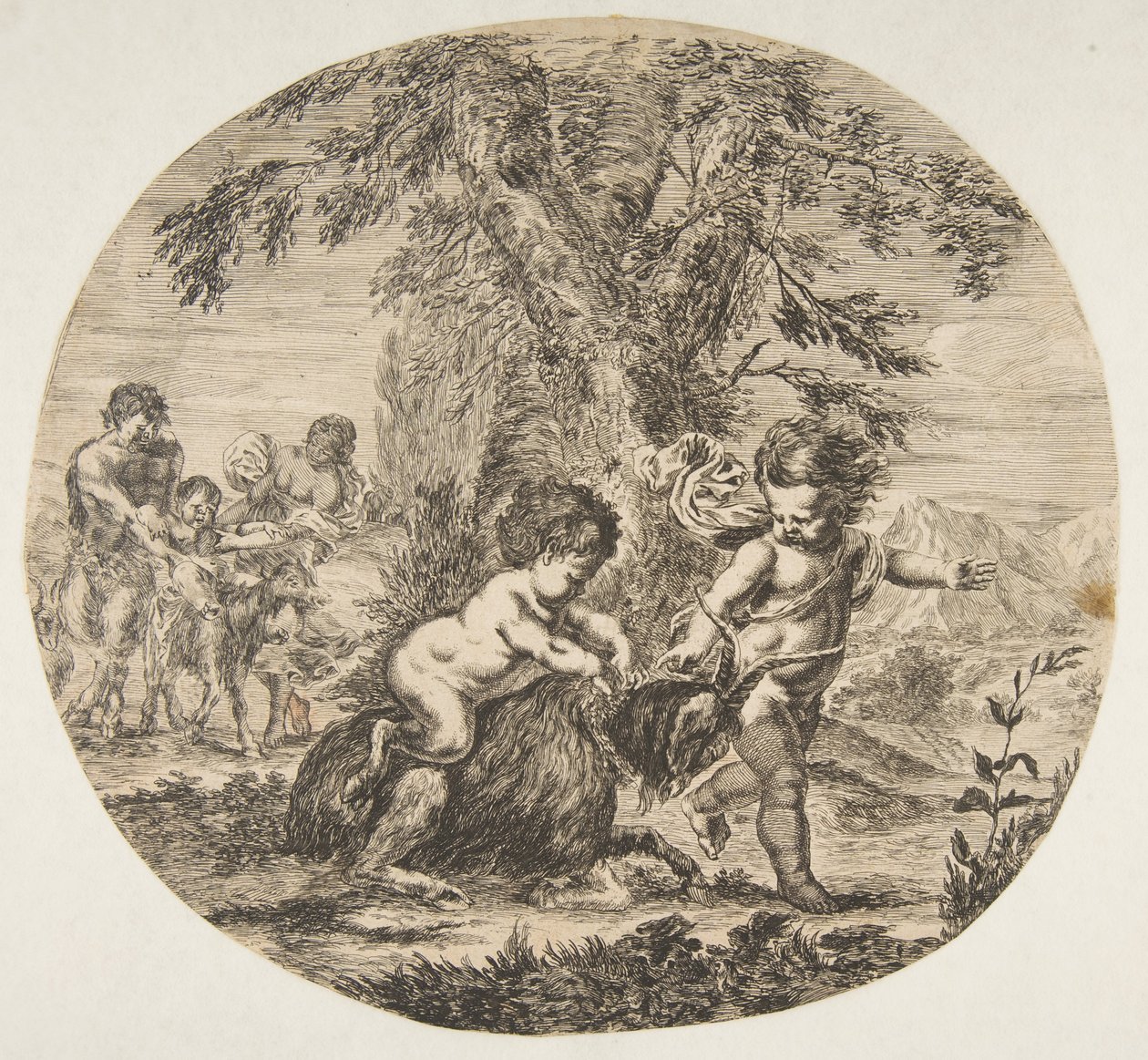 طفل وطفل مشبع يلعب مع ماعز ، كاليفورنيا. 1657. بواسطة ستيفانو ديلا بيلا