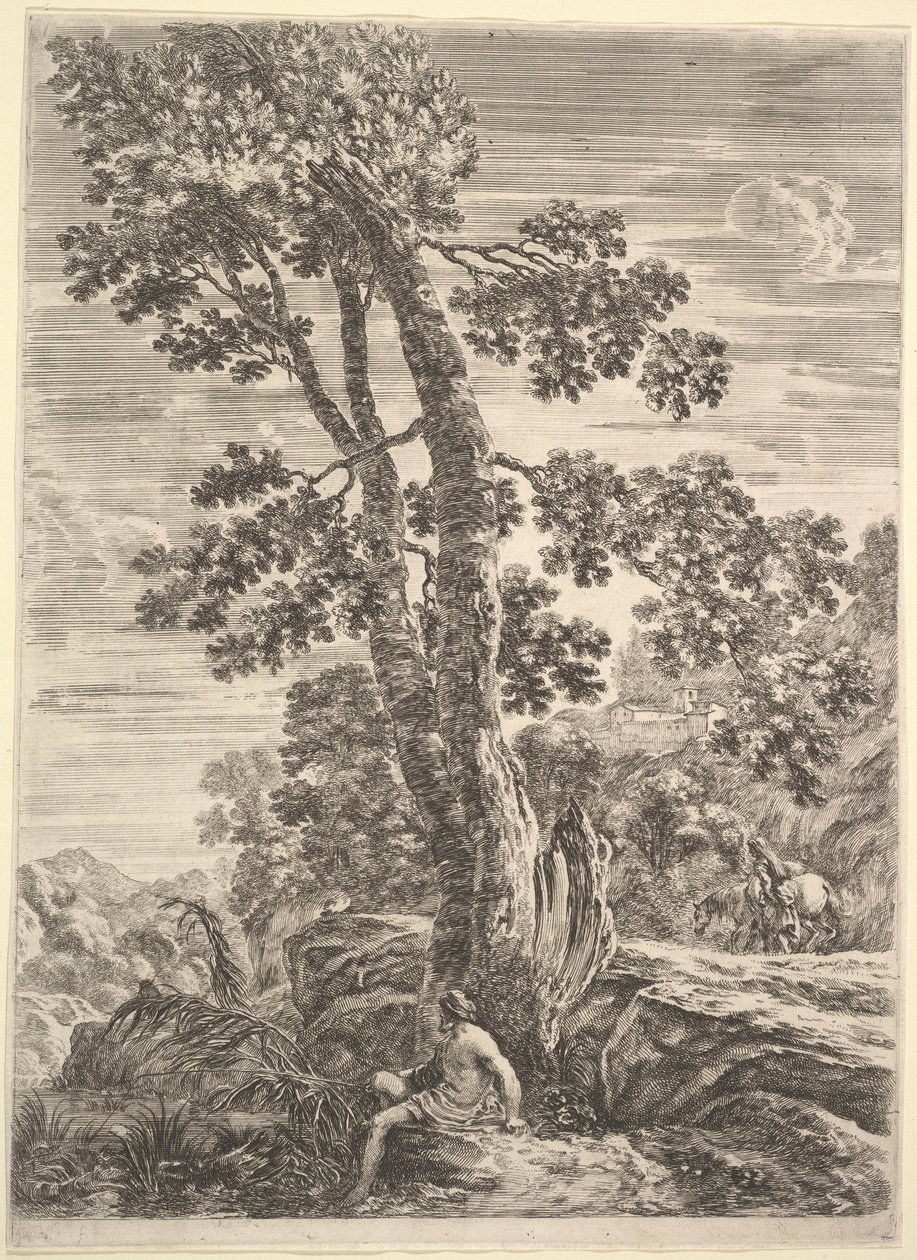 صياد في المركز يواجه اليسار ويميل ضد شجرة كبيرة ، امرأة تمشي ... ، كاليفورنيا. 1652-57. بواسطة ستيفانو ديلا بيلا