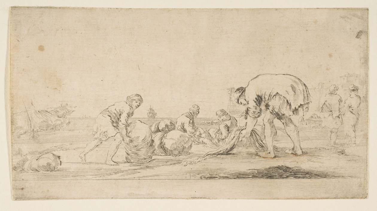 صياد يحضر شباكه ، رجل على اليسار يدفع بالة إلى اليمين ، مقعدين ... ، كاليفورنيا. 1662. بواسطة ستيفانو ديلا بيلا