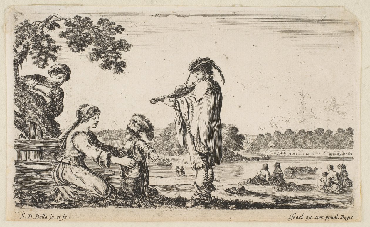 رجل يعزف على الكمان في الوسط ، اتجه نحو اليسار في صورة جانبية ، امرأة جالسة إلى ... ، 1649. بواسطة ستيفانو ديلا بيلا