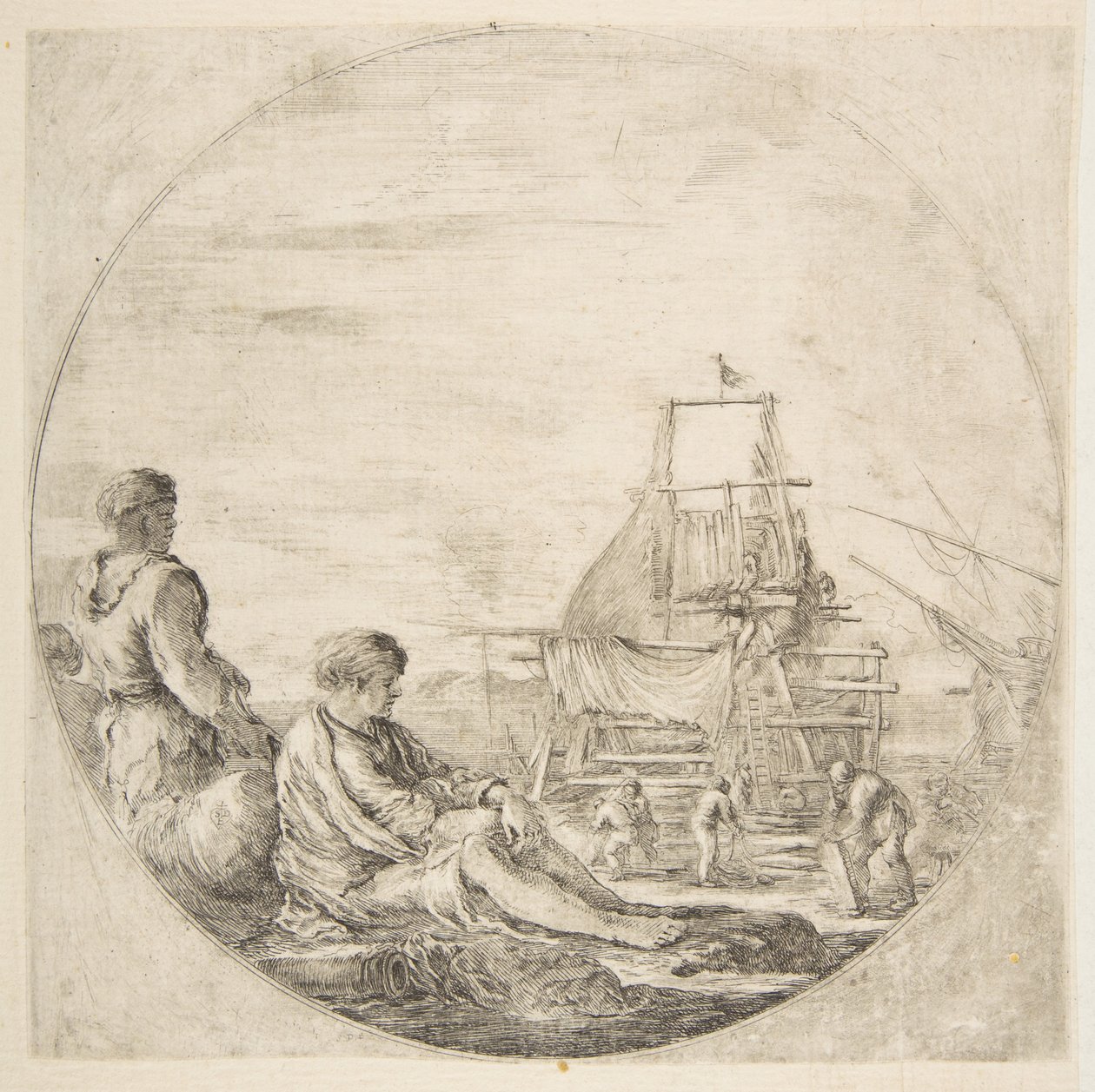 بحار أبيض جالس وبحار أسود يقف الناس يبنون سفينة في الخلف ... ، كاليفورنيا. 1660. بواسطة ستيفانو ديلا بيلا