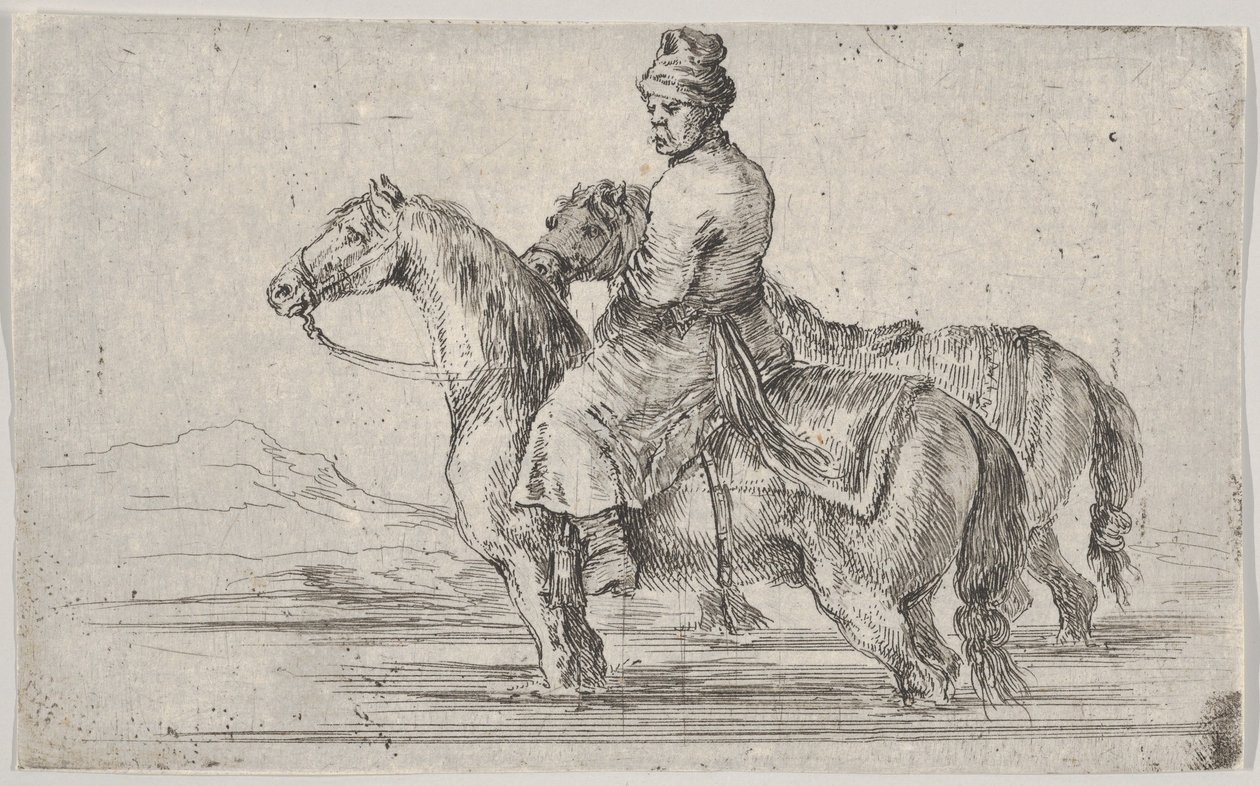 خادم يأخذ حصانين للاستحمام ويجلس فوق حصان واحد في نهر والآخر بجانبه ... ، كاليفورنيا. 1662. بواسطة ستيفانو ديلا بيلا