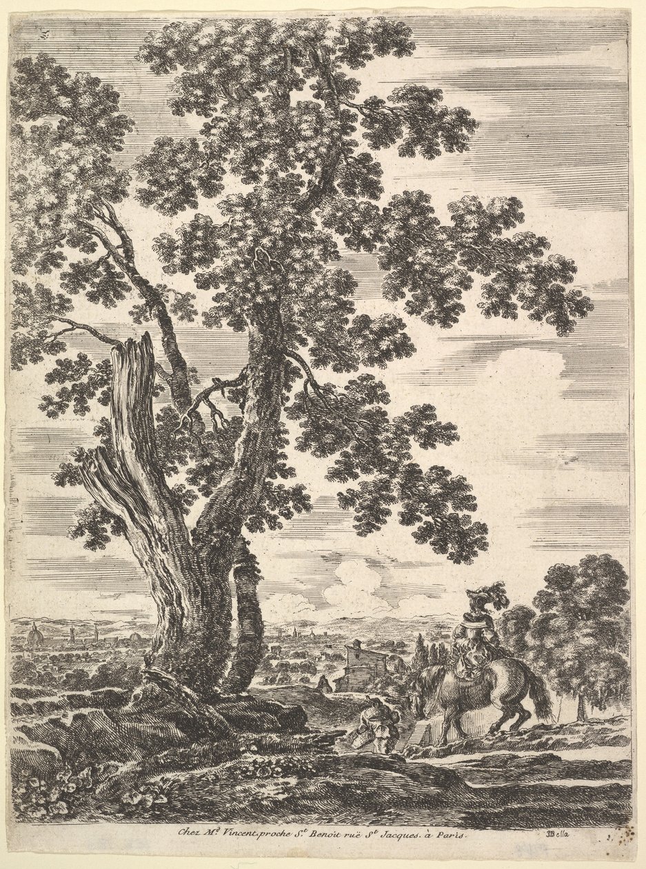 امرأة على ظهور الخيل من الخلف تنزل تلة إلى اليمين ، شجرة كبيرة ... ، كاليفورنيا. 1652-57. بواسطة ستيفانو ديلا بيلا