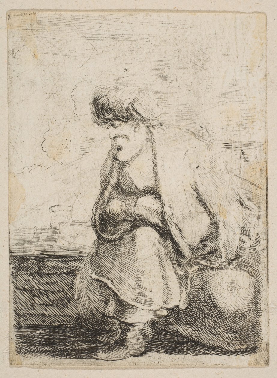 تركي قديم يجلس على حجر ، كاليفورنيا. 1662. بواسطة ستيفانو ديلا بيلا