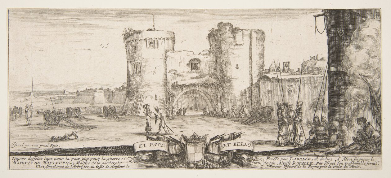 مدخل لقلعة في المركز ، امرأة مع طفل جالس بنار إلى اليمين ، سول ... ، كاليفورنيا. 1641. بواسطة ستيفانو ديلا بيلا