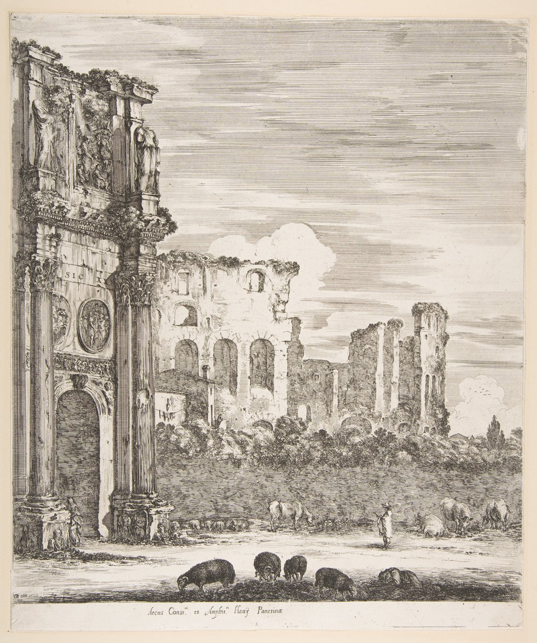 قوس قسطنطين والكولوسيوم مع رعي الأغنام في المقدمة ، من ستة مناظر كبيرة ... ، 1656. بواسطة ستيفانو ديلا بيلا