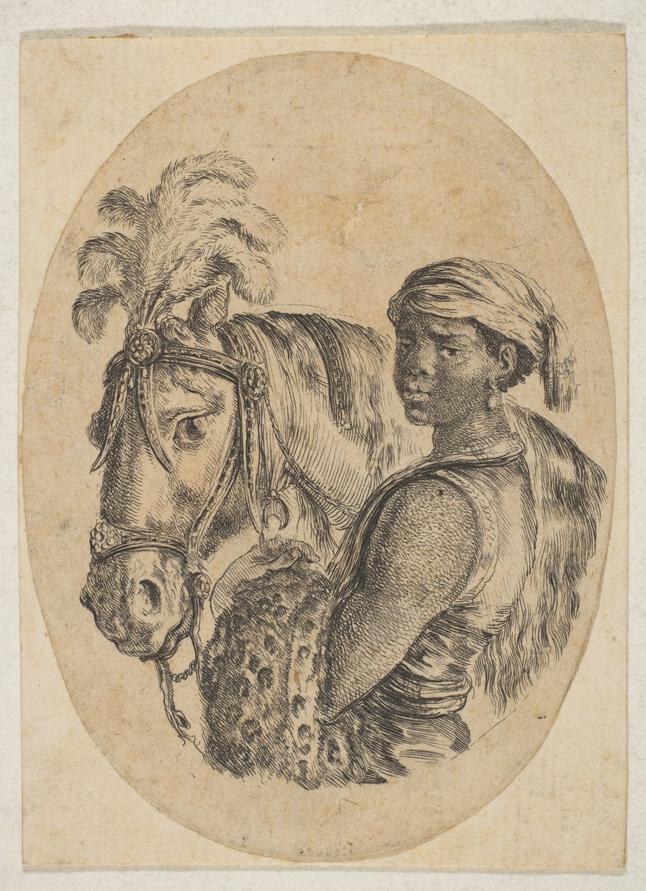 يحمل العبد الأسود حزامًا نمرًا ويحمل لجام حصان ، من عدة رؤوس ... ، 1649-50. بواسطة ستيفانو ديلا بيلا