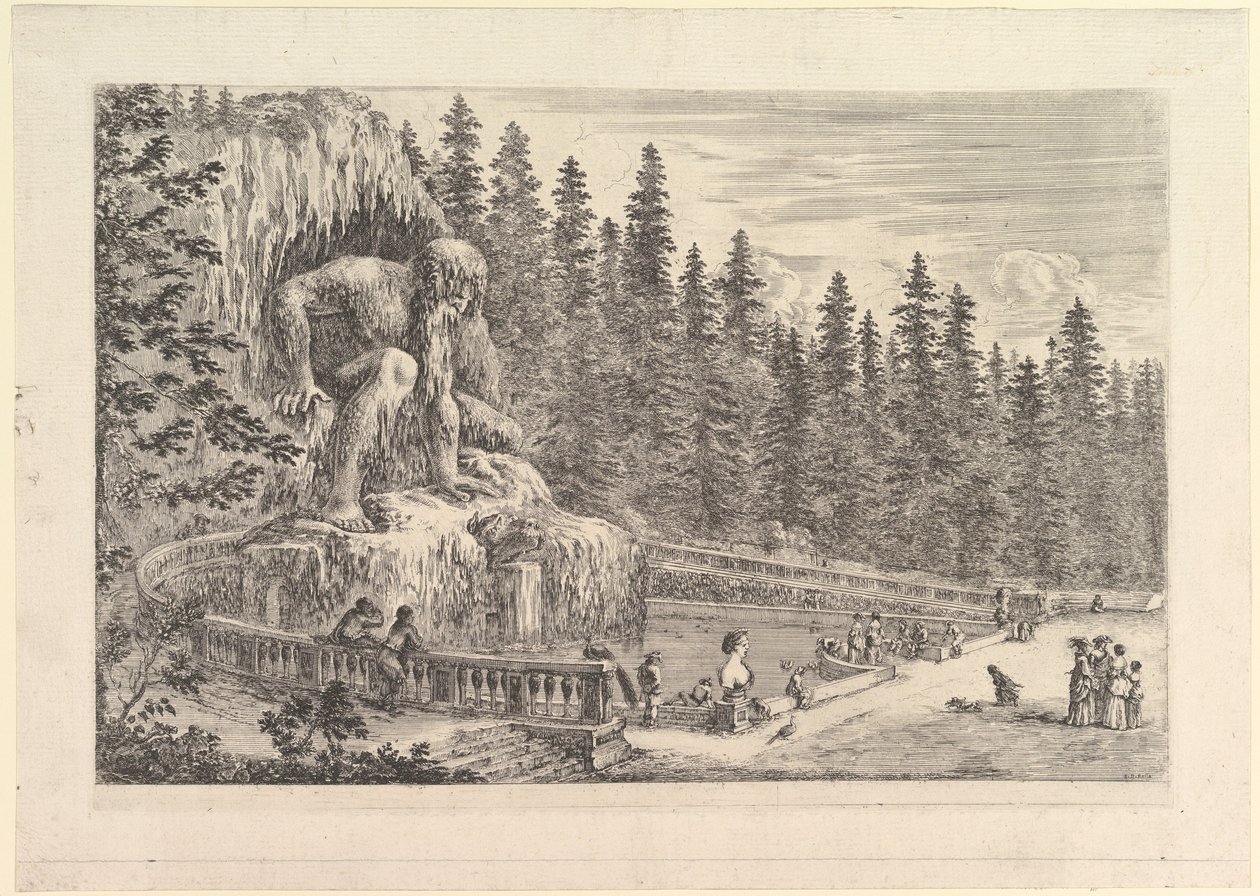 تمثال ضخم من Appenino بواسطة Giambologna إلى اليسار ، ممثلة كروتشى عملاق ... ، كاليفورنيا. 1653. بواسطة ستيفانو ديلا بيلا