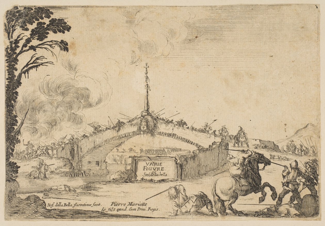 قتال على جسر ، يتقاتل فارس وجنديان على الأقدام بالسيوف في أسفل اليمين ... ، كاليفورنيا. 1645. بواسطة ستيفانو ديلا بيلا