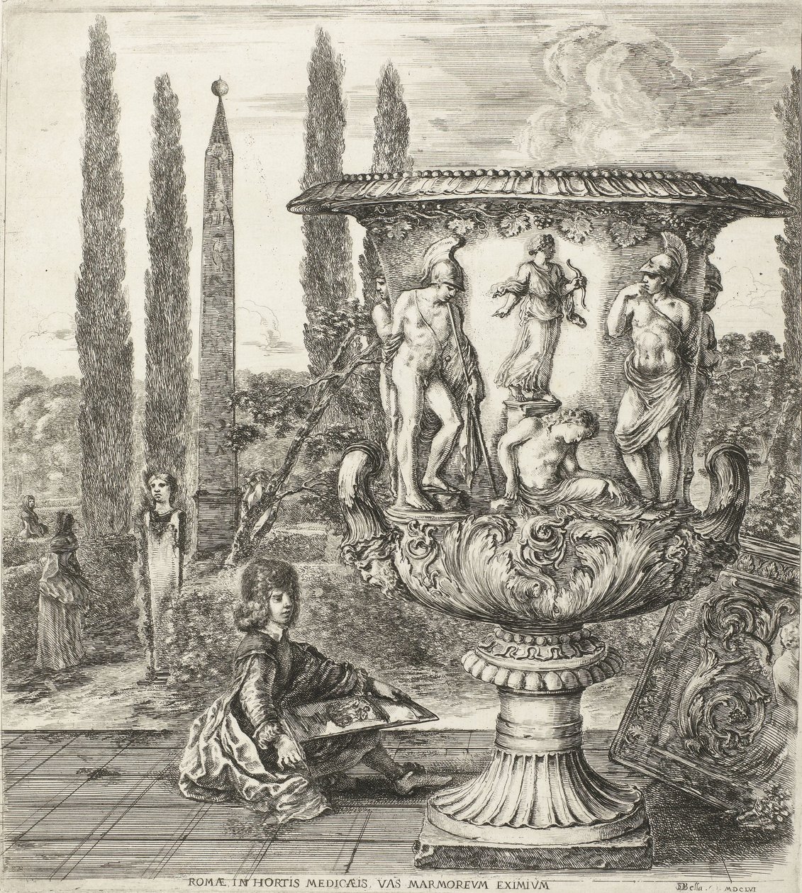 De jonge Cosimo III de Medici tekent de Medici-vaas روما ، في حدائق Medici ، رخام استثنائي (العنوان على الكائن) Gezichten op Rome en omgeving (عنوان السلسلة) Six grandes vues، dont quatre de Rome et deux de la Campagne romaine (عنوان السلسلة) بواسطة ستيفانو ديلا بيلا