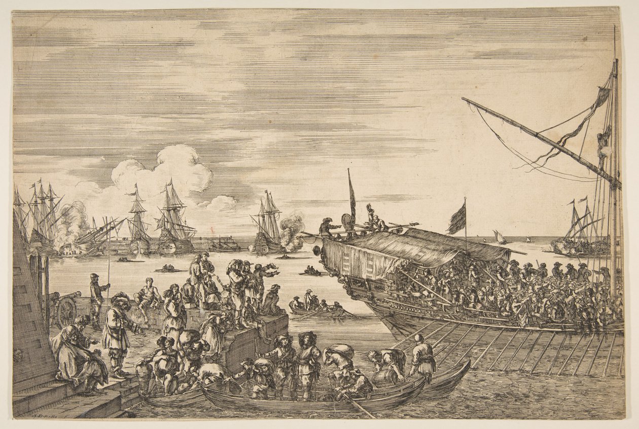 رحيل سفينة في ميناء ليفورنو ، من مناظر ميناء ليفورنو ... ، 1654-55. بواسطة ستيفانو ديلا بيلا