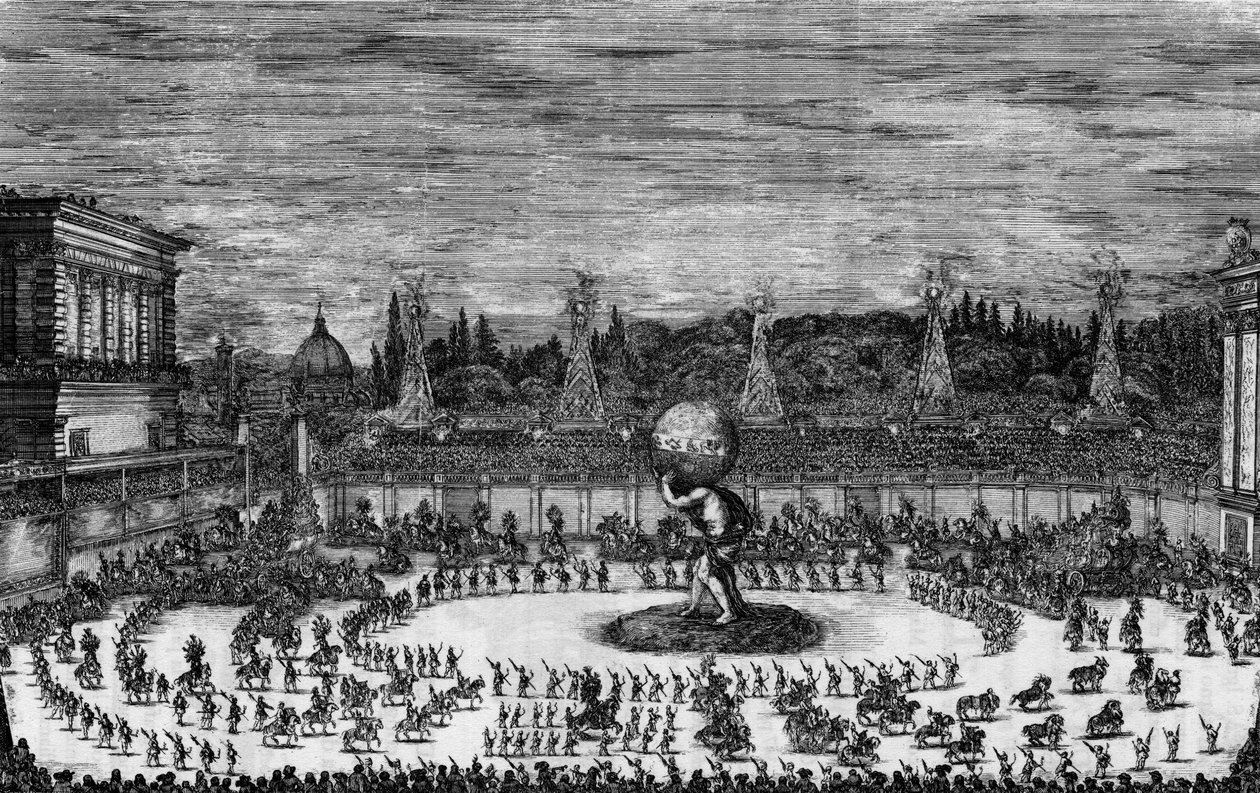 Fete a Florence in the 17th century in “” Il mondo feggiante. Balletto a cavallo fatto nel teatro congiunto al Palazzo del Sereniss. Gran Duca, per le reali nozze de 