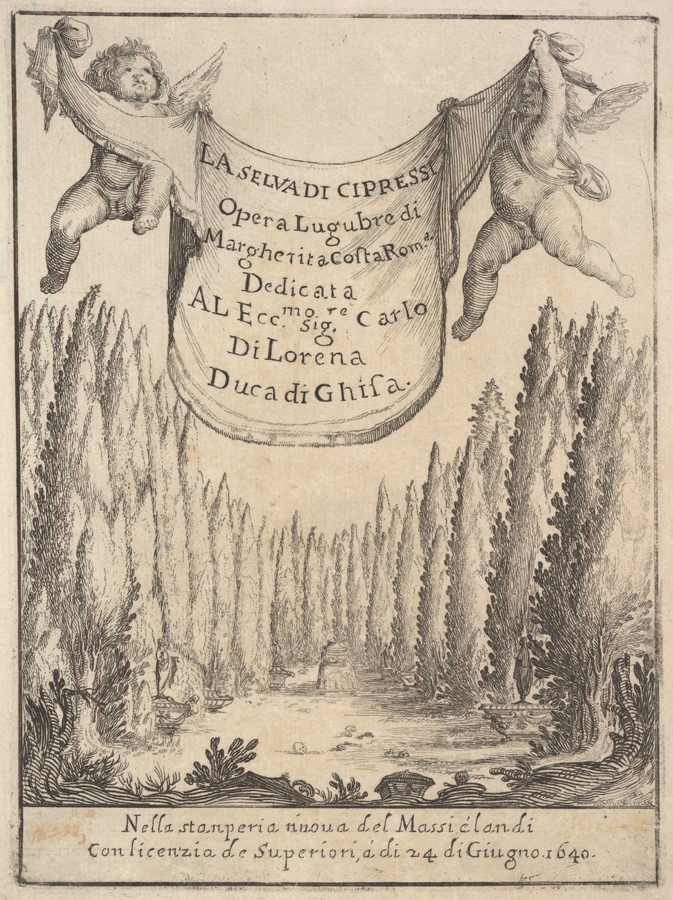 صورة عن غابة السرو La selva di cipressi: اثنان من المعجون يحملان نسيجًا في ... ، 1640. بواسطة ستيفانو ديلا بيلا