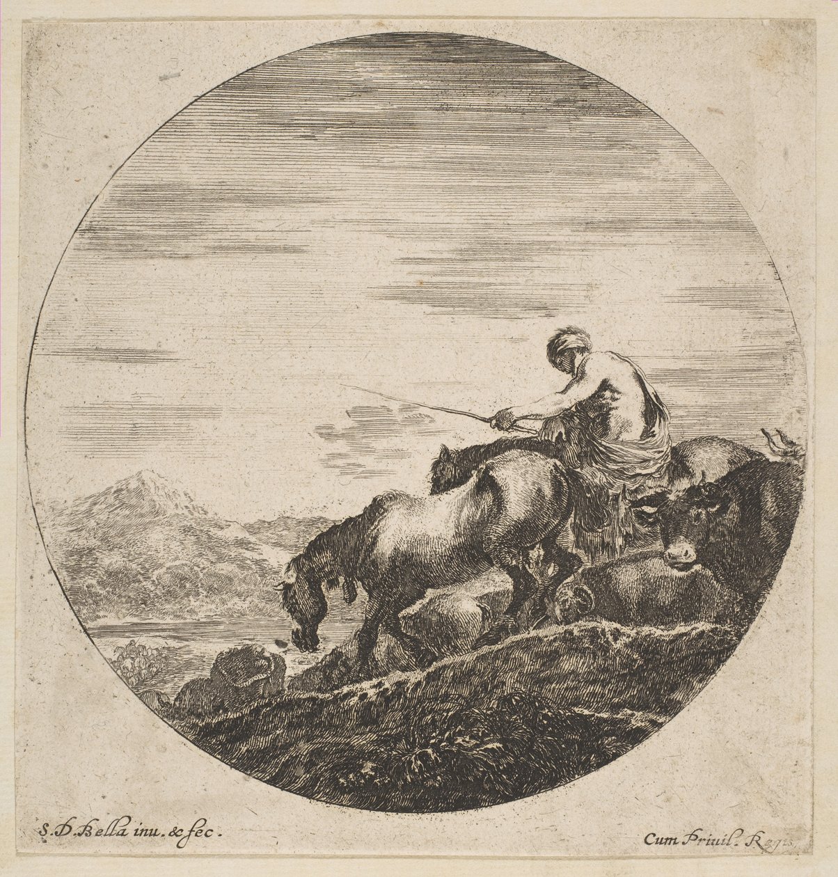 الراعي على ظهور الخيل يقود الحيوانات ، من ستة مواضيع الحيوانات ستة sujets danimaux ، كاليفورنيا. 1646. بواسطة ستيفانو ديلا بيلا