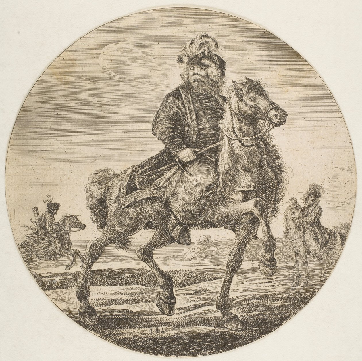 الفارس المجري يركب نحو اليمين ، الفرسان الآخرون في الخلفية ، دائري ... ، كاليفورنيا. 1651. بواسطة ستيفانو ديلا بيلا