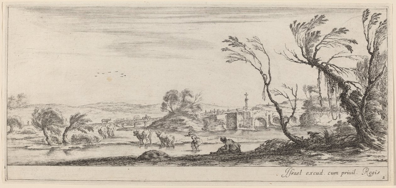 منظر طبيعي مع فلاح يستعد لعبور مجرى مائي ، في عام 1647 أو قبله. بواسطة ستيفانو ديلا بيلا