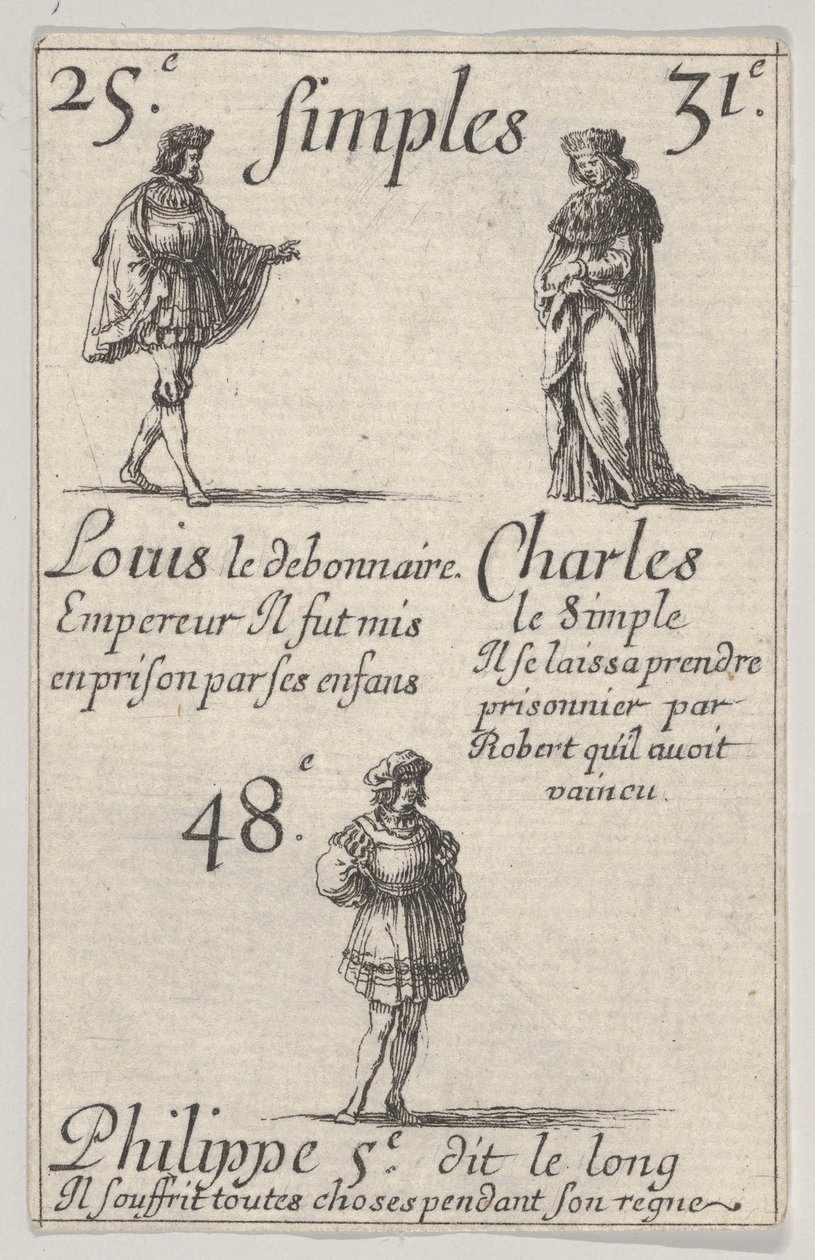 Louis le debonnaire ... Charles le Simple ، من Game of the Kings of France Jeu des Rois ...، 1644. بواسطة ستيفانو ديلا بيلا