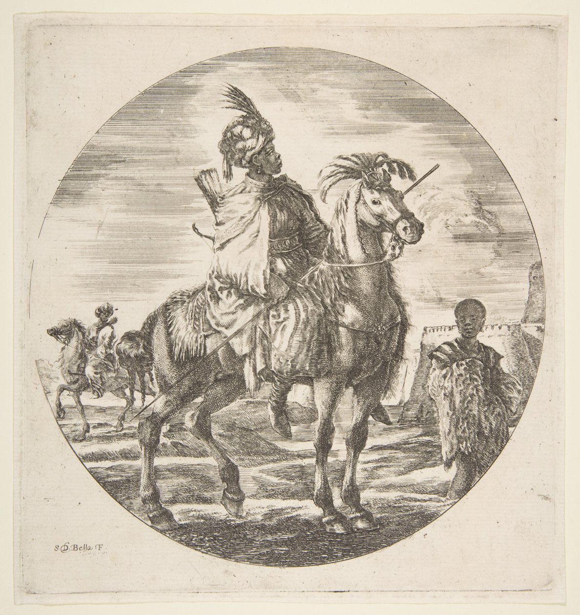 فارس مغربي في الملف الشخصي يواجه اليمين ، عبد أسود يمسك فروًا على اليمين ، آخر ... 1651. بواسطة ستيفانو ديلا بيلا