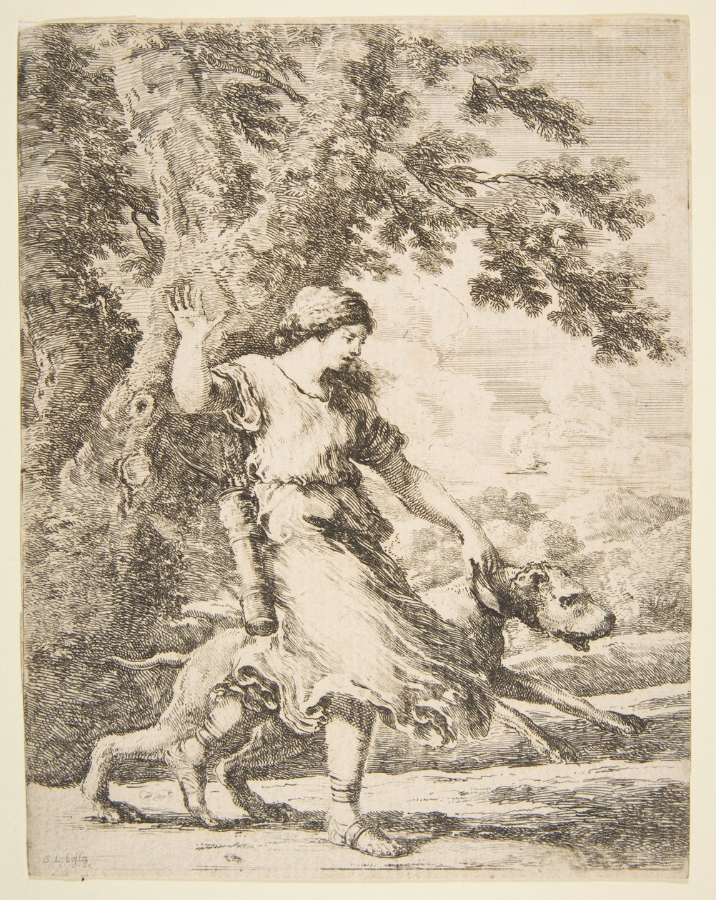 حورية تمسك كلبًا كبيرًا من ذوي الياقات البيضاء ، كاليفورنيا. 1654. بواسطة ستيفانو ديلا بيلا