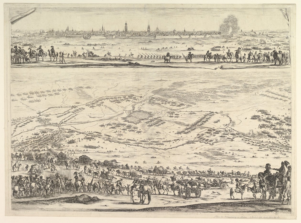 تخطيط وعرض حصار أراس: الجزء السفلي من اللوحة مع منظر طبوغرافي مع ... ، 1641. بواسطة ستيفانو ديلا بيلا