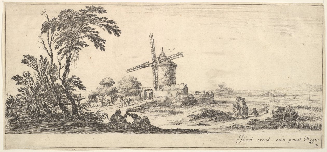 اللوحة 10: عائلة في مركز الصدارة ، وشخصيات مختلفة وخيول في المنتصف ، ... ، كاليفورنيا. 1641. بواسطة ستيفانو ديلا بيلا