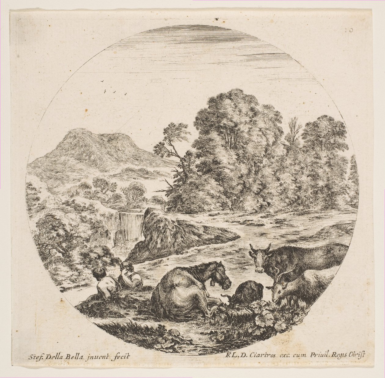 اللوحة 10: حصان مستلق في المنتصف ، بقرة وماعزان على اليمين ، راعان جالسان ... ، كاليفورنيا. 1646. بواسطة ستيفانو ديلا بيلا