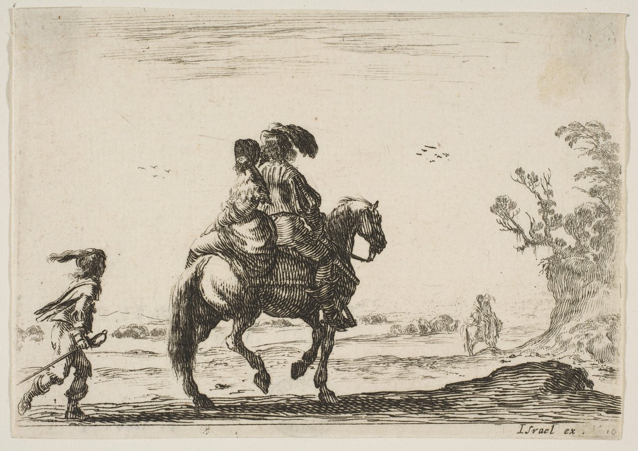 اللوحة 10: فارس وامرأة ينظران من الخلف ، يركبان نحو اليمين مع شاب ... ، 1642. بواسطة ستيفانو ديلا بيلا
