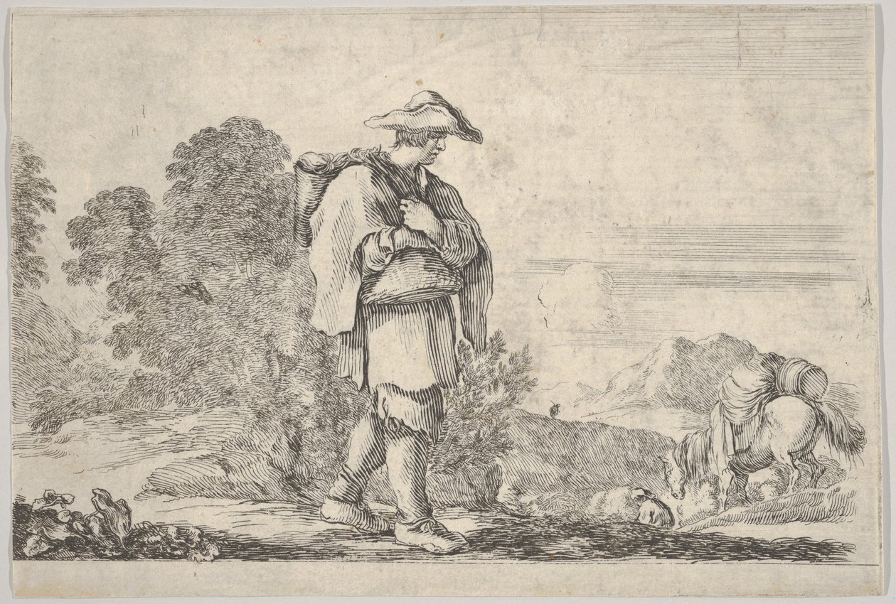 اللوحة 11: فلاح يرتدي قبعة في المنتصف ويمشي نحو اليمين وينزل حصان ... ، كاليفورنيا. 1641. بواسطة ستيفانو ديلا بيلا