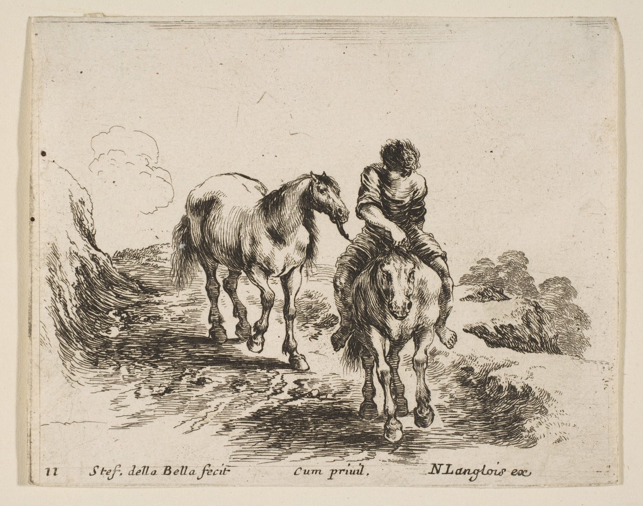 اللوحة 11: فارس صغير يظهر من الأمام يقود حصانًا آخر من الغواص ... 1644-47. بواسطة ستيفانو ديلا بيلا