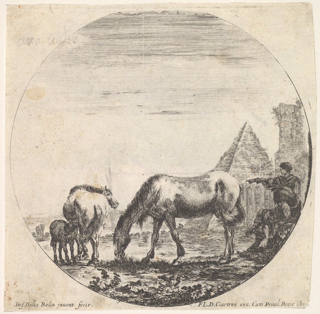 اللوحة 11: هرم كايوس كيستيوس إلى اليمين في الخلفية ، رعي الحصان ... ، كاليفورنيا. 1643-48. بواسطة ستيفانو ديلا بيلا