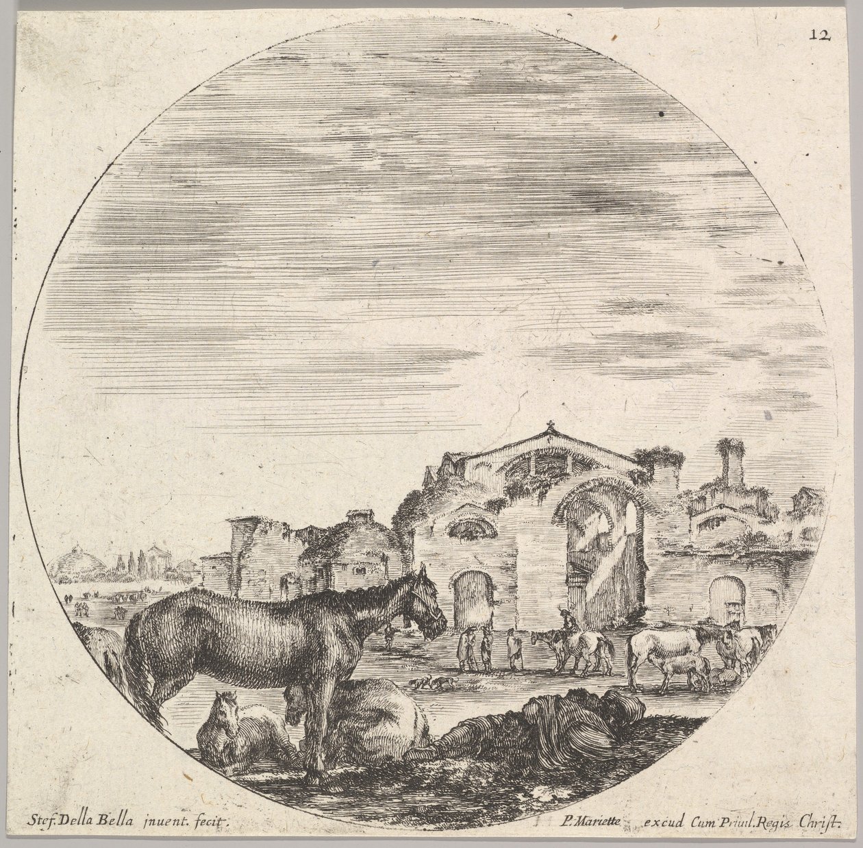 اللوحة 12: راعٍ ينام على الأرض إلى اليمين ، وثلاثة خيول إلى اليسار ، وأخرى ... 1643-48. بواسطة ستيفانو ديلا بيلا