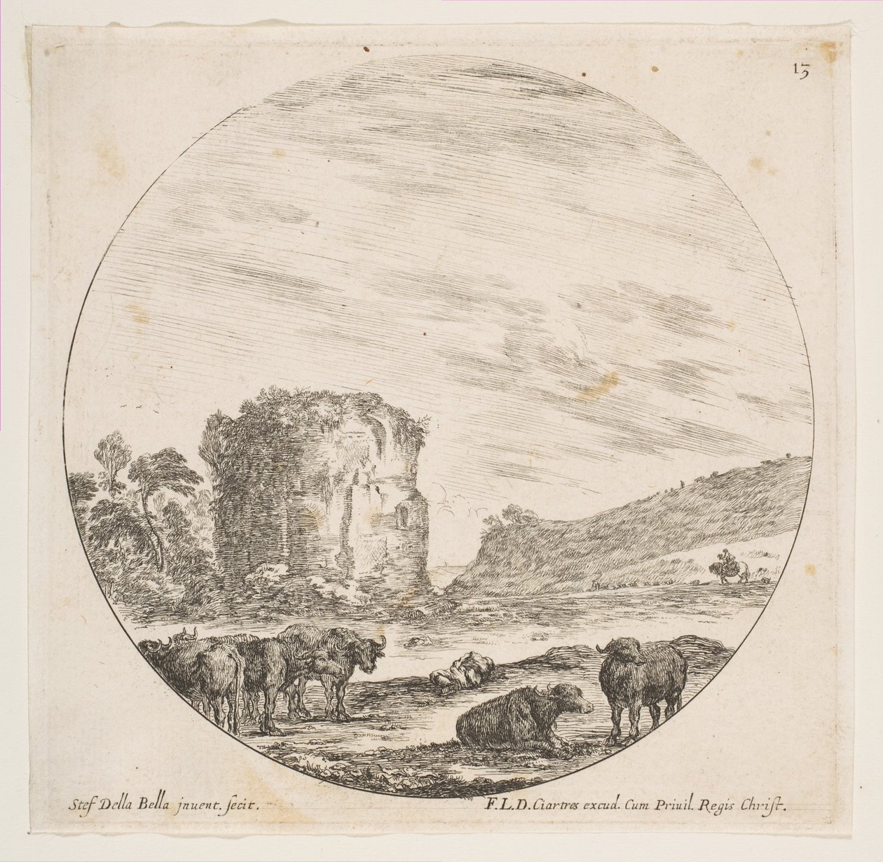 اللوحة 13: أطلال معبد في منظر روماني ، من مناظر طبيعية رومانية وآثار P ...، ca. 1646. بواسطة ستيفانو ديلا بيلا