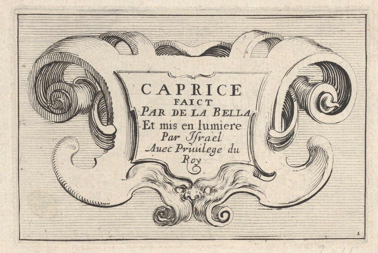 اللوحة 1: خرطوش يحمل عنوان السلسلة ، من Caprice faict par de la Bella ، كاليفورنيا. 1642. بواسطة ستيفانو ديلا بيلا