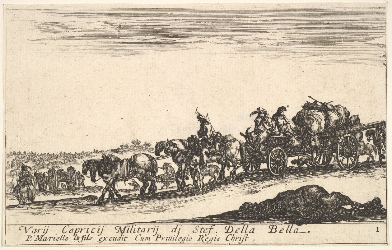 اللوحة 1: عربة تجرها الخيول تحمل أشخاصًا وبضائع ، حصان ميت في المقدمة ، f ...، ca. 1641. بواسطة ستيفانو ديلا بيلا