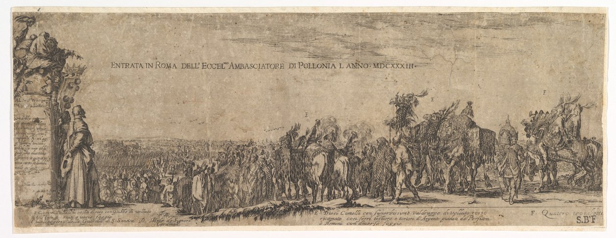 اللوحة 1: مدخل السفير البولندي إلى روما ، شعار ميديشي على اليسار ، 1633. بواسطة ستيفانو ديلا بيلا