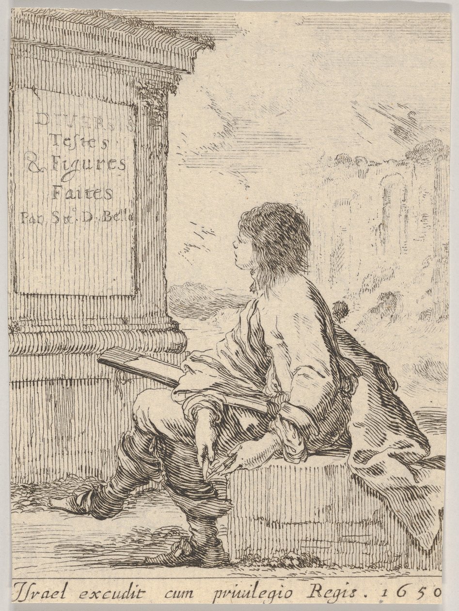اللوحة 1: شاب يجلس على حجر ، ويواجه اليسار في صورة جانبية ، ويمسك بلوحة رسم في ... ، 1650. بواسطة ستيفانو ديلا بيلا