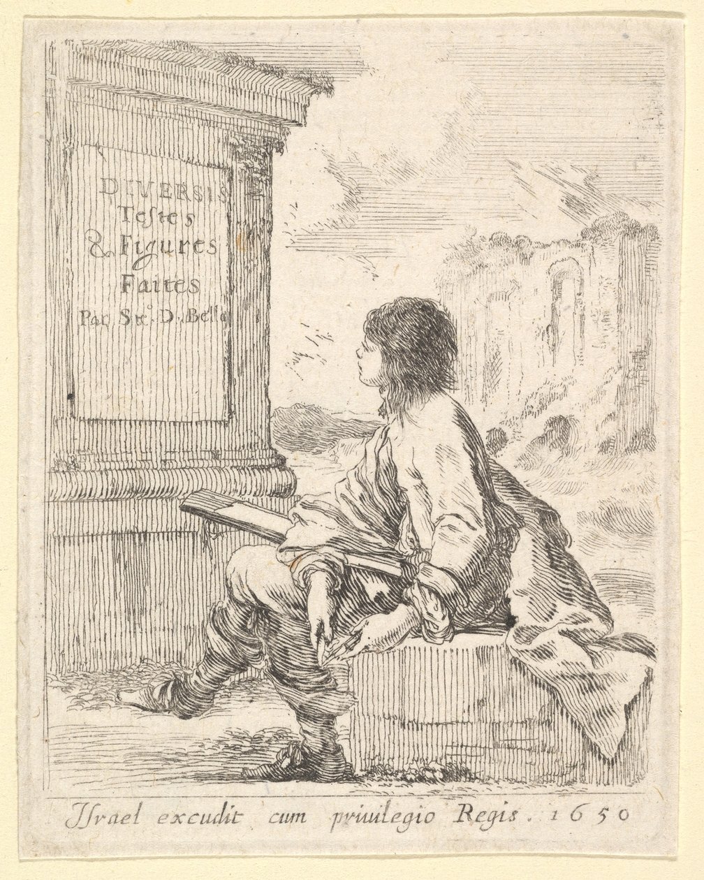 اللوحة 1: شاب يجلس على حجر ، ويواجه اليسار في صورة جانبية ، ويمسك بلوحة رسم في ... ، 1650. بواسطة ستيفانو ديلا بيلا