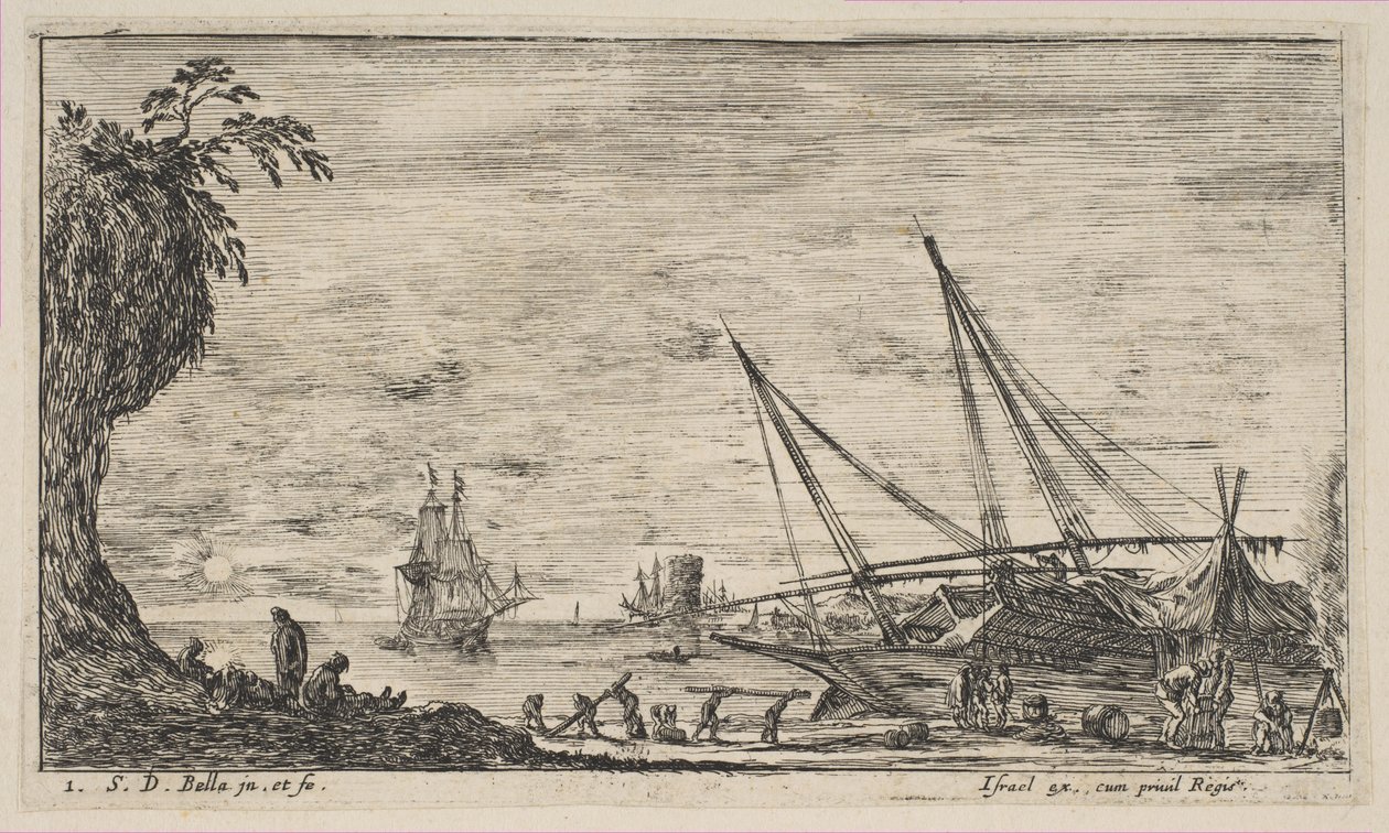 اللوحة 1: ميناء بحري به سفن ، من 'Seascapes' Paysages maritimes ، كاليفورنيا. 1644. بواسطة ستيفانو ديلا بيلا