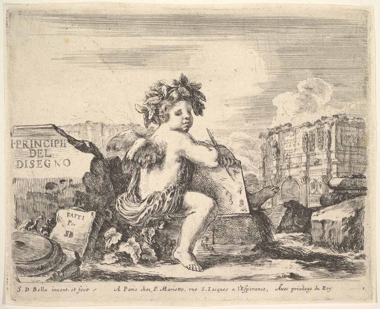 اللوحة 1: عبقرية الرسم ، طفل بأجنحة ، جالس على صخرة في الوسط تحول ... ، كاليفورنيا. 1641. بواسطة ستيفانو ديلا بيلا