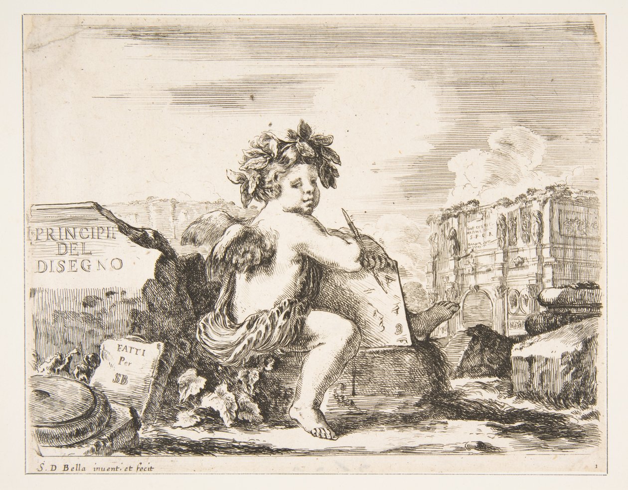 اللوحة 1: عبقرية الرسم ، طفل بأجنحة ، يجلس على صخرة في مركز الدور ... ، كاليفورنيا. 1641-43. بواسطة ستيفانو ديلا بيلا