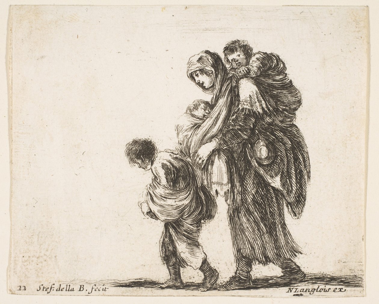 اللوحة 22: امرأة متسولة لديها ثلاثة أطفال وطفل واحد على كتفيها وطفل واحد ... 1644-47. بواسطة ستيفانو ديلا بيلا