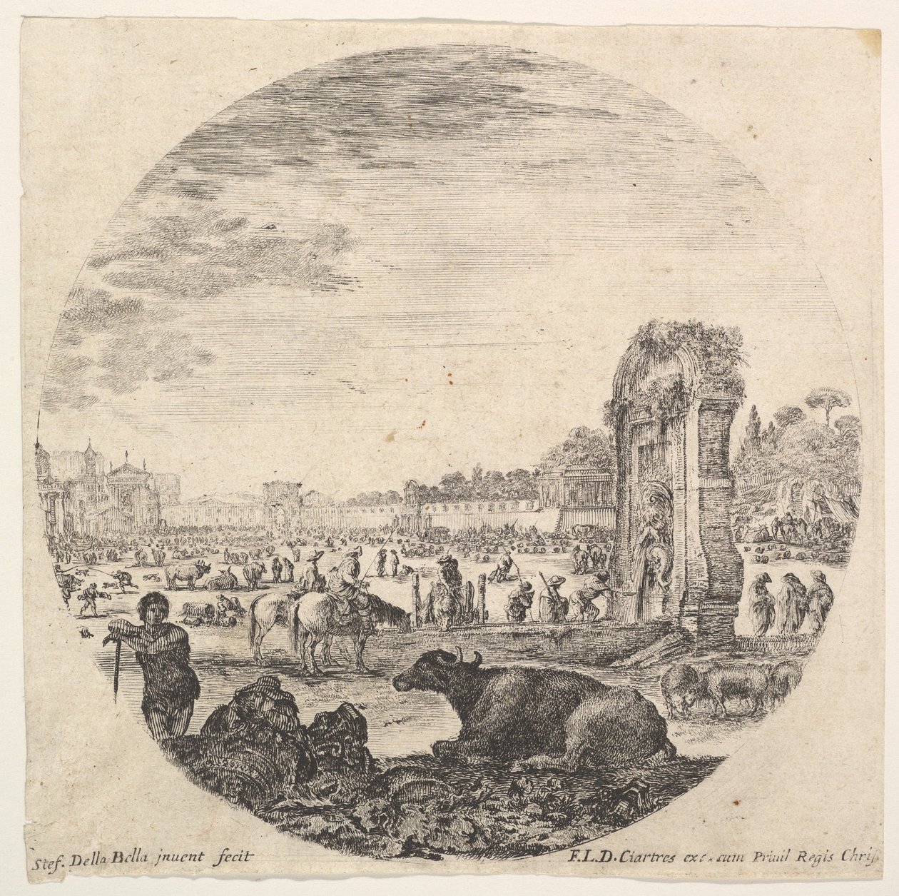 اللوحة 2: Campo Vaccino ، جاموس واثنين من الرعاة في الوسط ، Fontanone للتلاعب ... ، كاليفورنيا. 1643-48. بواسطة ستيفانو ديلا بيلا