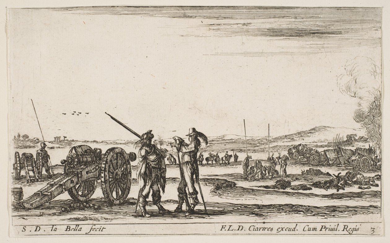 اللوحة 3: ضابط يعطي الأوامر إلى جندي في المقدمة ، مدفع في اليسار ، و ... ، كاليفورنيا. 1641. بواسطة ستيفانو ديلا بيلا