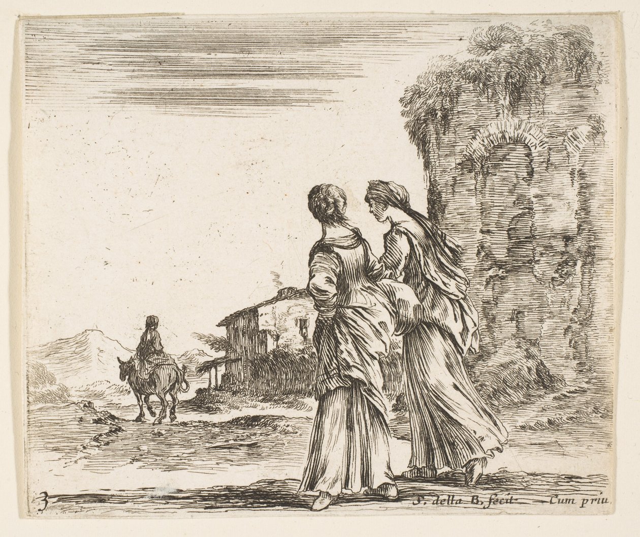 اللوحة 3: فتاتان تمشيان نحو اليسار ، تُرى من الخلف ، امرأة على جواد ت ... ، كاليفورنيا. 1644-47. بواسطة ستيفانو ديلا بيلا
